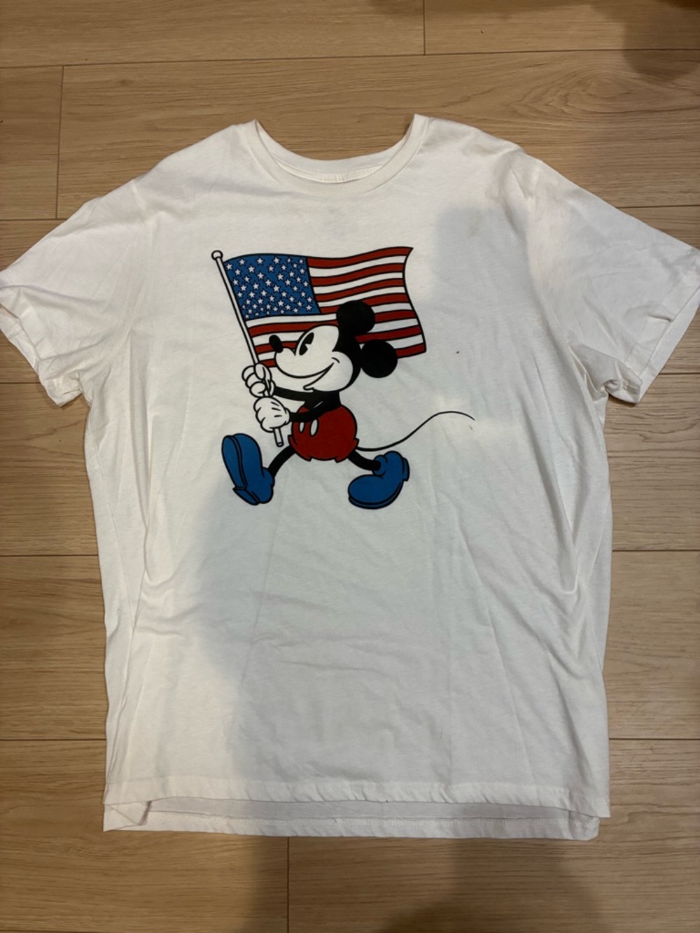 Disney White Mickey Mouse with American Flag Graphic Tee - Red Blue Black